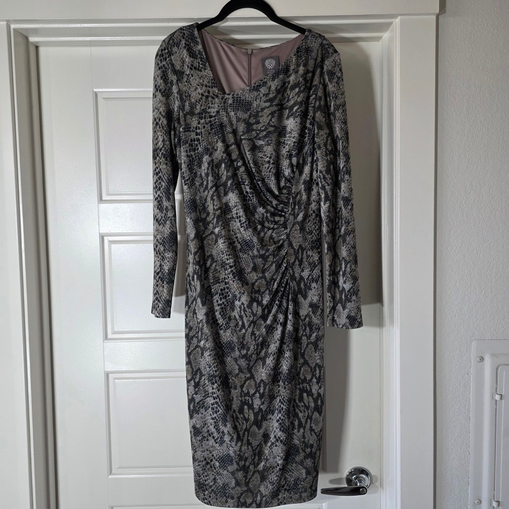 Vince Camuto Womens Grey Snakeskin Print Ruched Sheath Dress Size 12